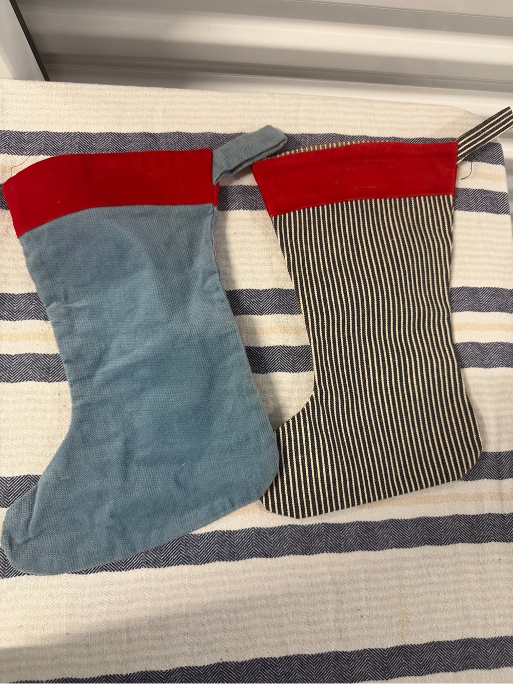 Handmade Christmas Stockings Set of 2 Rustic Farmhouse Blue Red Holiday Decor
